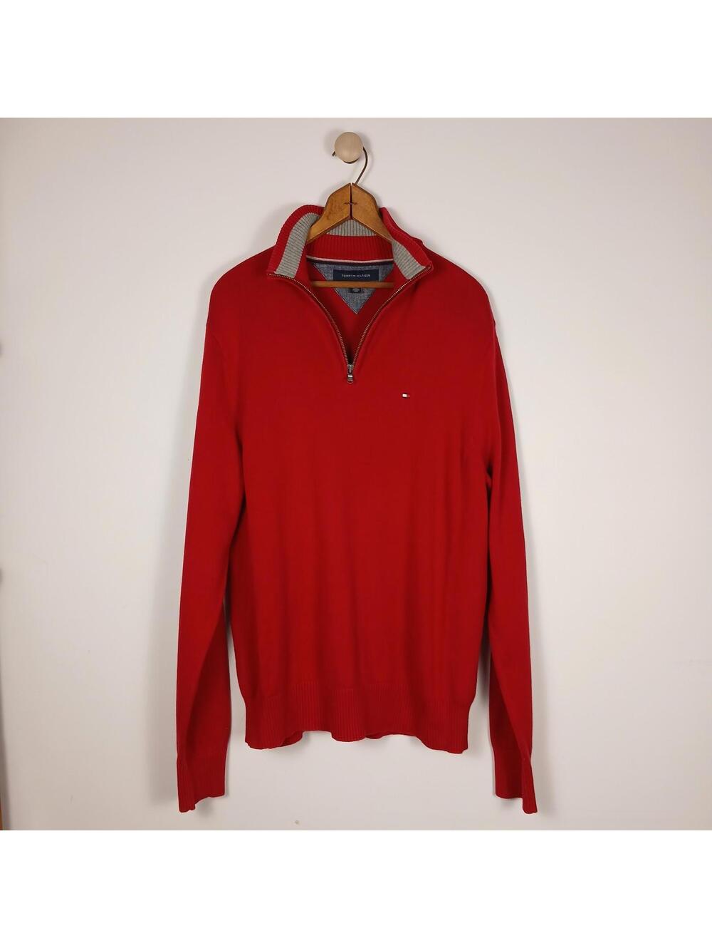 Tommy Hilfiger 1/4 Zip quarter-zip Red Sweater Mens Size Large Preppy Old Money